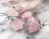 Raw Rose quartz crystal necklace with silver or gold plated chain