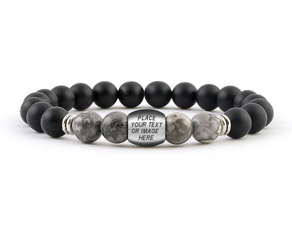 Engravable men's custom bracelet with fancy jasper and matte onyx