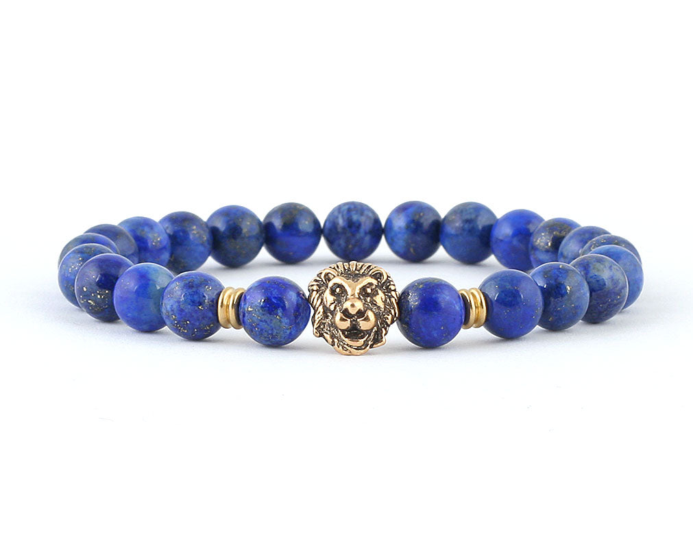 mens lion bracelet with blue lapis lazuli beads